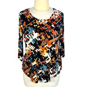 JM Collection Tunic Top Women's M Geometric Abstract Earthtones 3/4 Sleeve Scoop